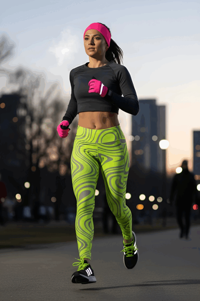 a image of a woman wearing a Neon leggings with dark crop tops for contrast