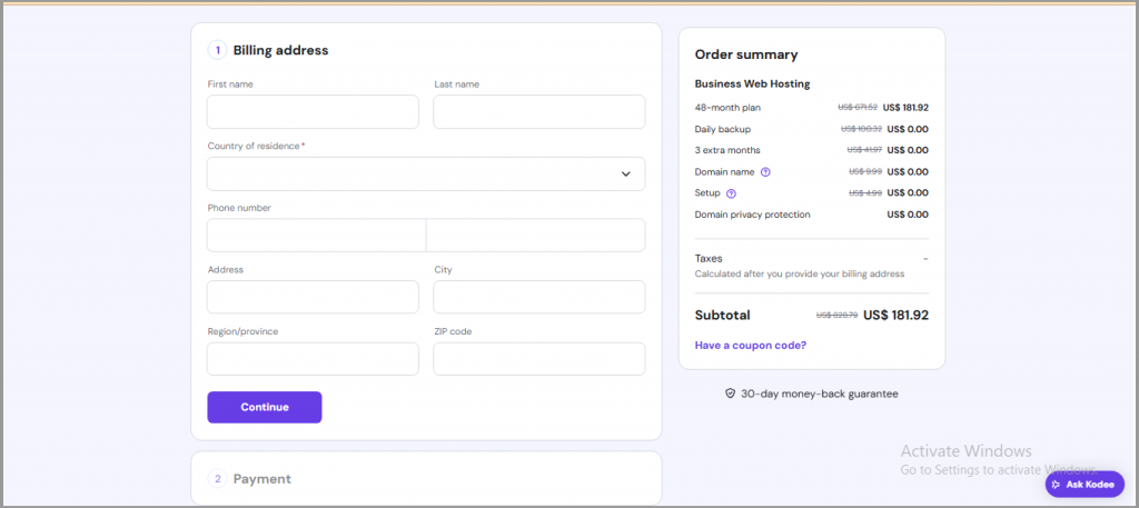 Hostinger Billing address place option