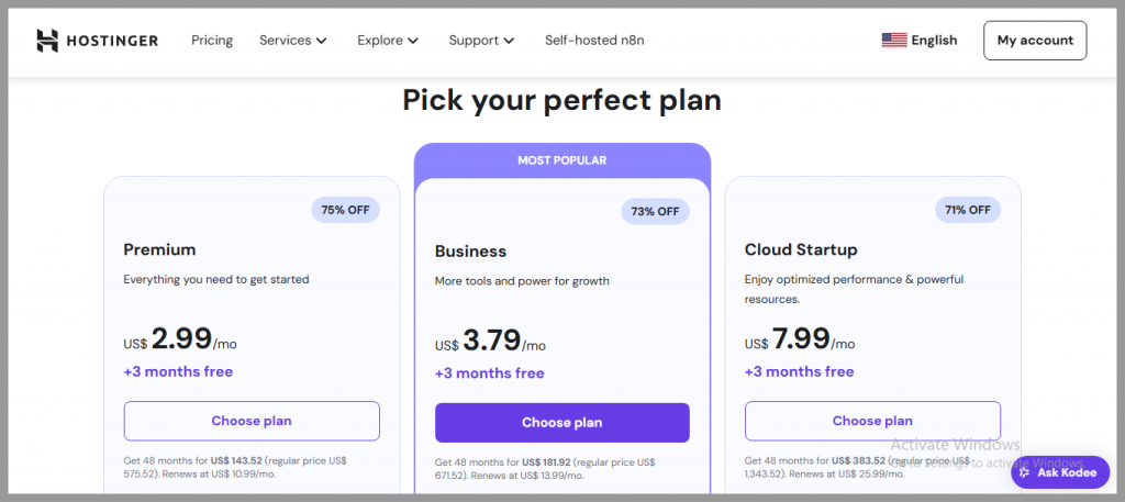 Choose your desire plan in Hostinger.