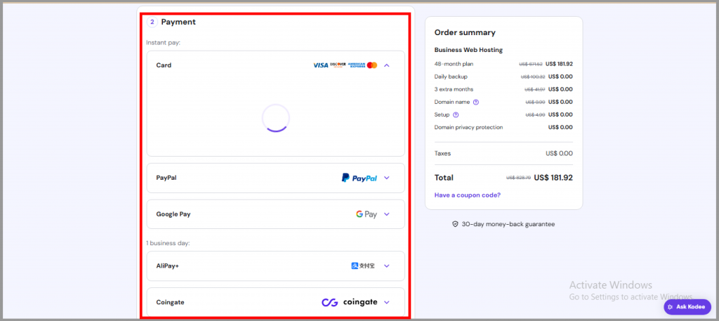 Payment confirmation page of hostinger