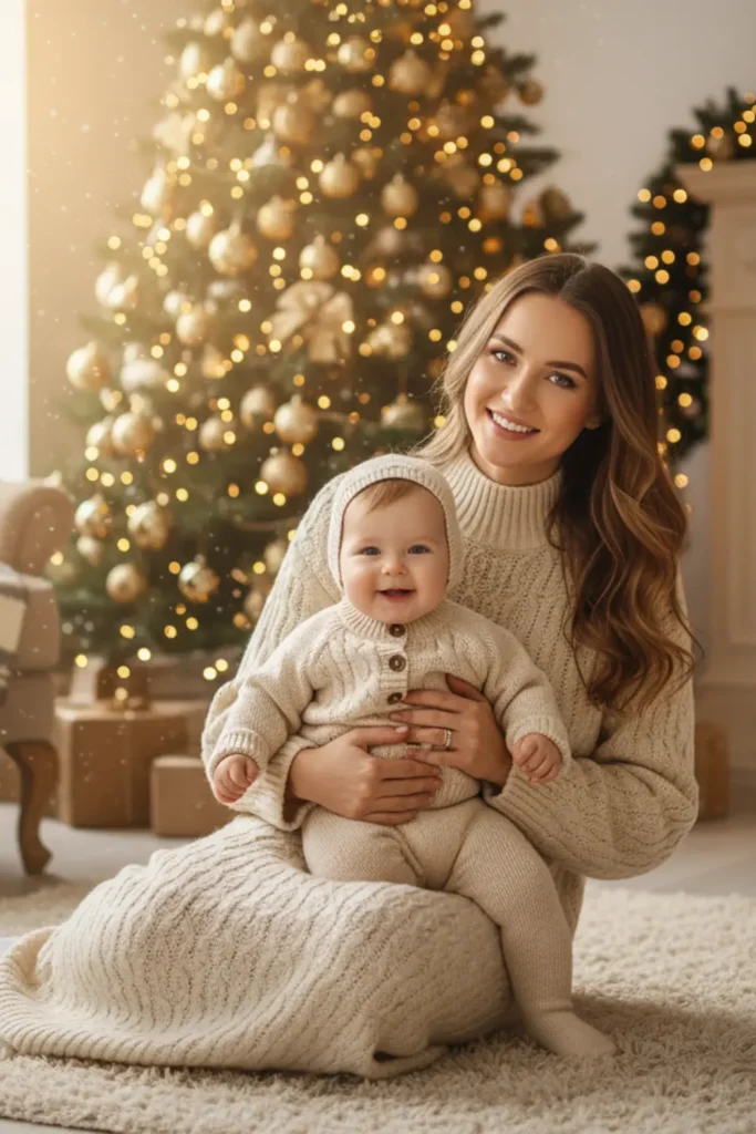 Knit Sweater Dress with Baby Sweater Set A knit sweater dress with a baby girl’s sweater set is both comfy and warm. This is practical for colder climates while still looking cute and coordinated