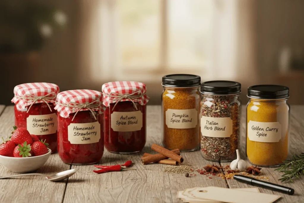 an image featuring homemade jams and spice blends, beautifully presented in jars with labels