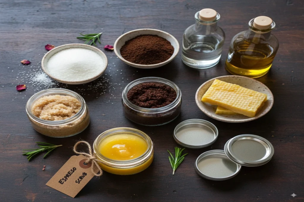 an image featuring natural sugar scrubs and lip balm, with the ingredients