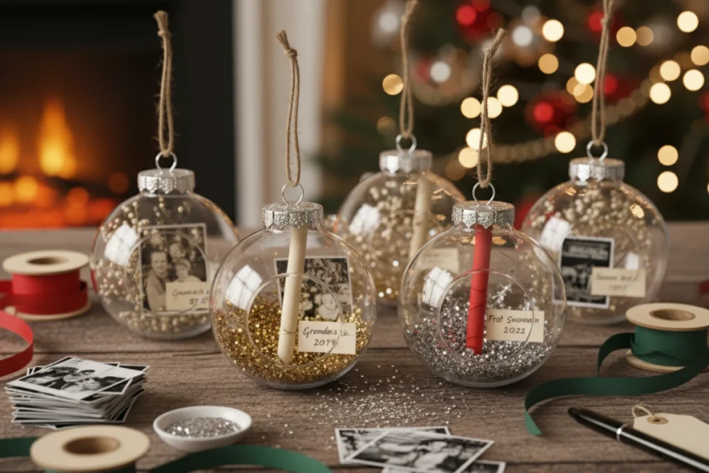 an image of a beautiful DIY memory ornament, featuring clear baubles filled with small photos, glitter, and ribbons, alongside paper notes for memories.
