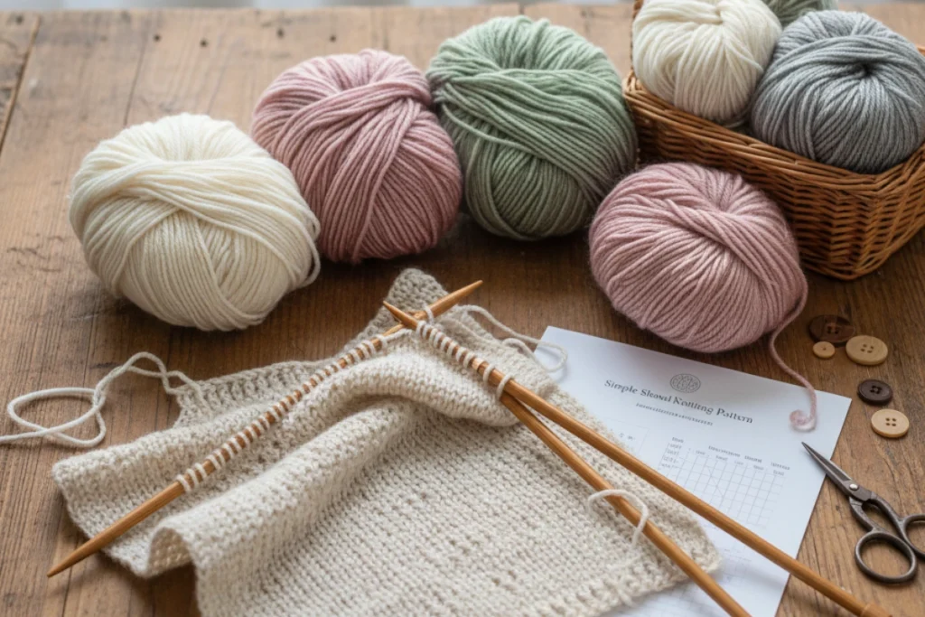 an image of a beautiful knitted scarf or shawl, along with the materials youd need to create one
