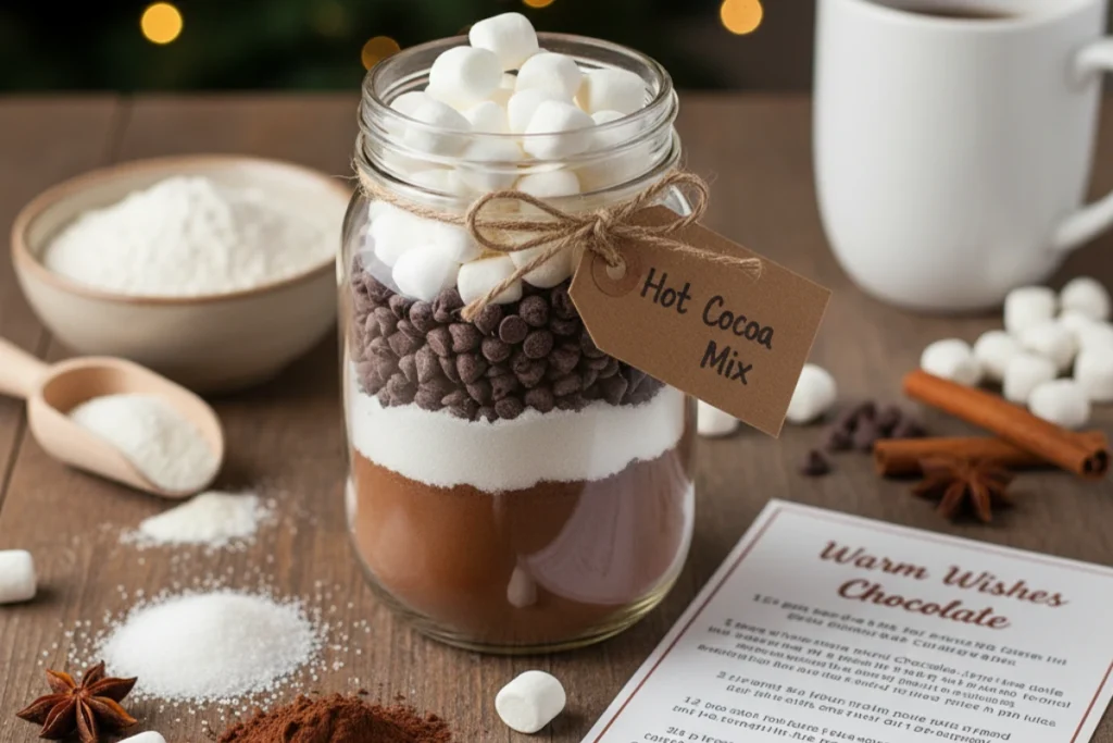 an image of a lovely cookie or hot chocolate mix in a jar, complete with a recipe card and the ingredients