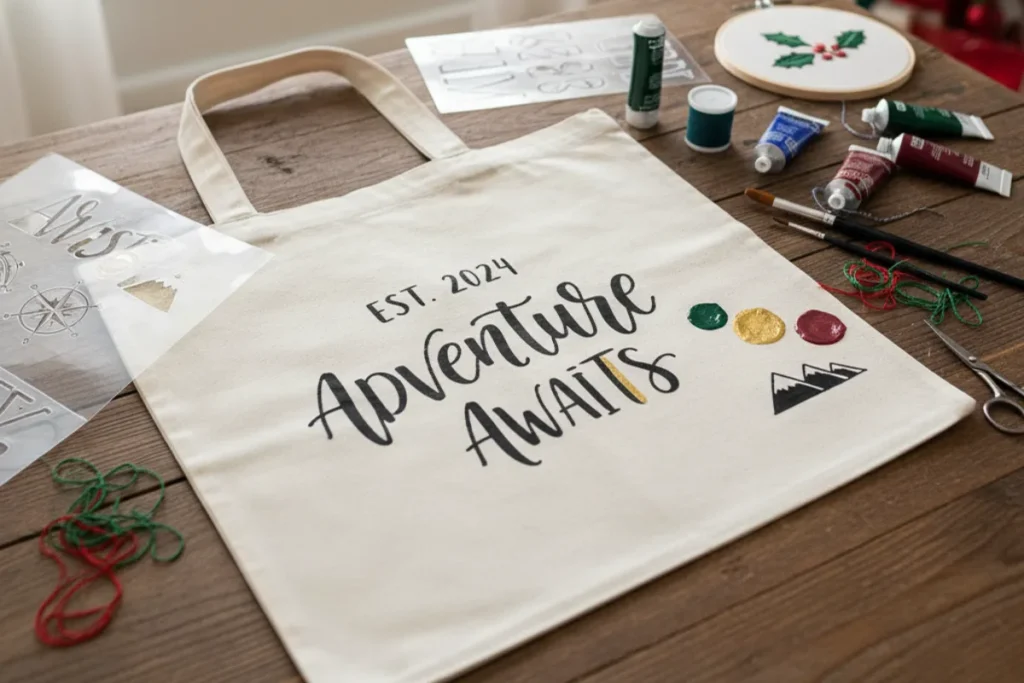 an image of a personalized tote bag project in progress, with all the necessary items