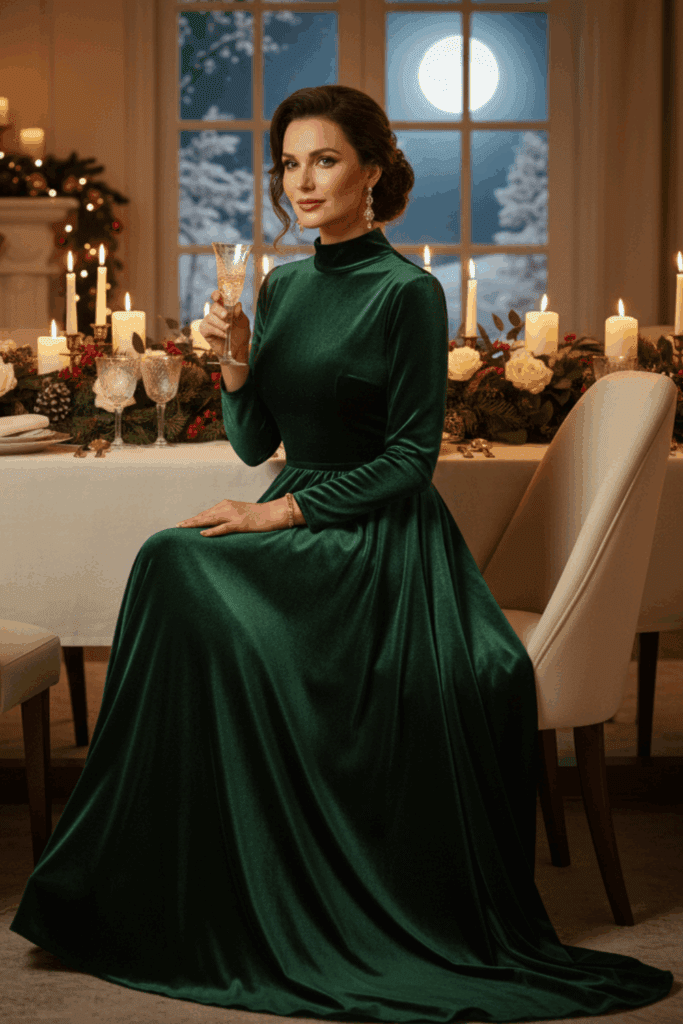 an image of a woman in an elegant dinner party dress, perfect for the Christmas festive season!