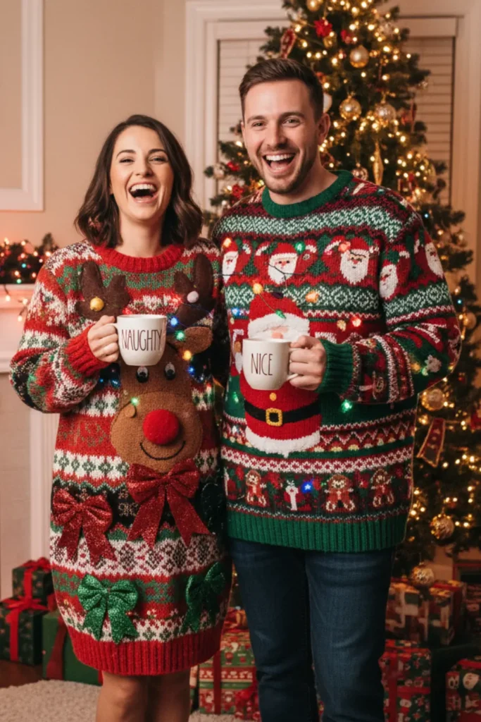 an image of an ugly Christmas sweater dress paired with matching ugly Christmas sweaters, perfect for a fun and festive look