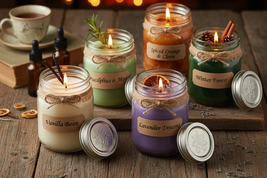 an image of scented candles beautifully presented in mason jars