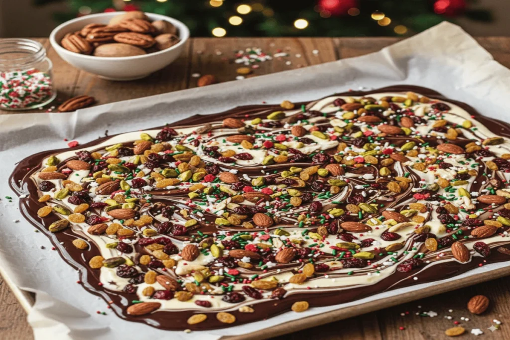 an image of some delightful festive chocolate bark, complete with nuts, dried fruit, and sprinkles on a baking sheet.