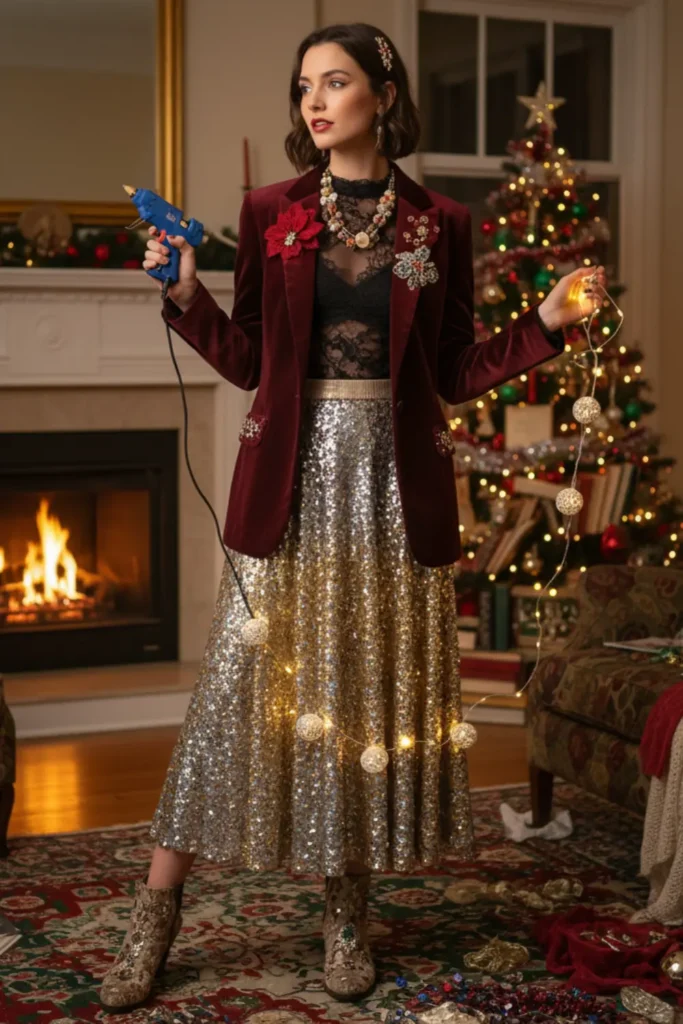 an image showcasing a creative DIY and thrifted Christmas outfit, with a woman sporting a unique look made from repurposed vintage pieces, perhaps a sequin skirt or a velvet blazer