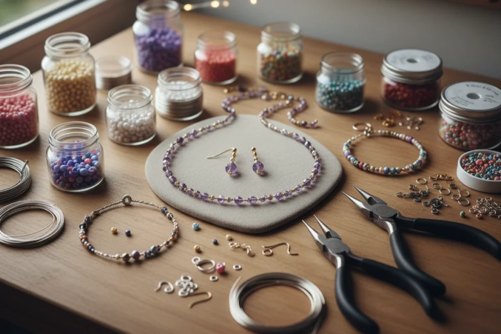 an image showcasing beautiful handmade jewelry along with the necessary tools and components